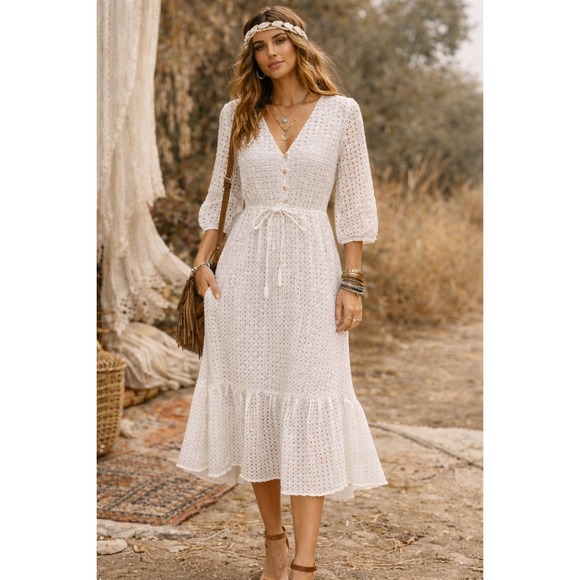 Dresses & Skirts - White Bohemian Eyelet Midi Dress Sz Small Western Ruffle‎ Cottagecore Peasant